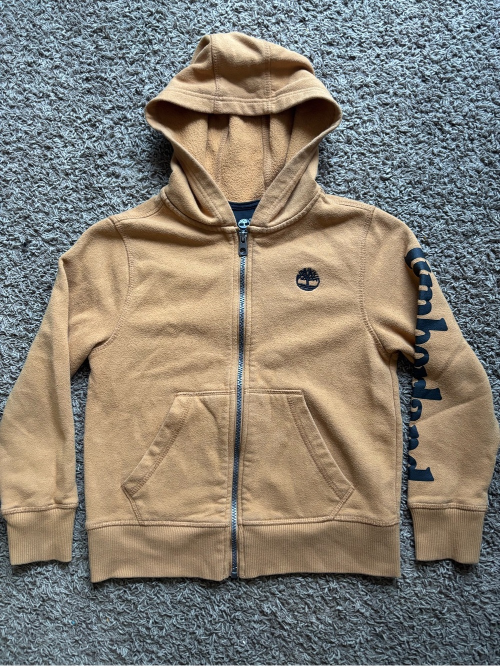 Timberland Kids Tan Hooded Zip Sweatshirt with Logo Sleeve